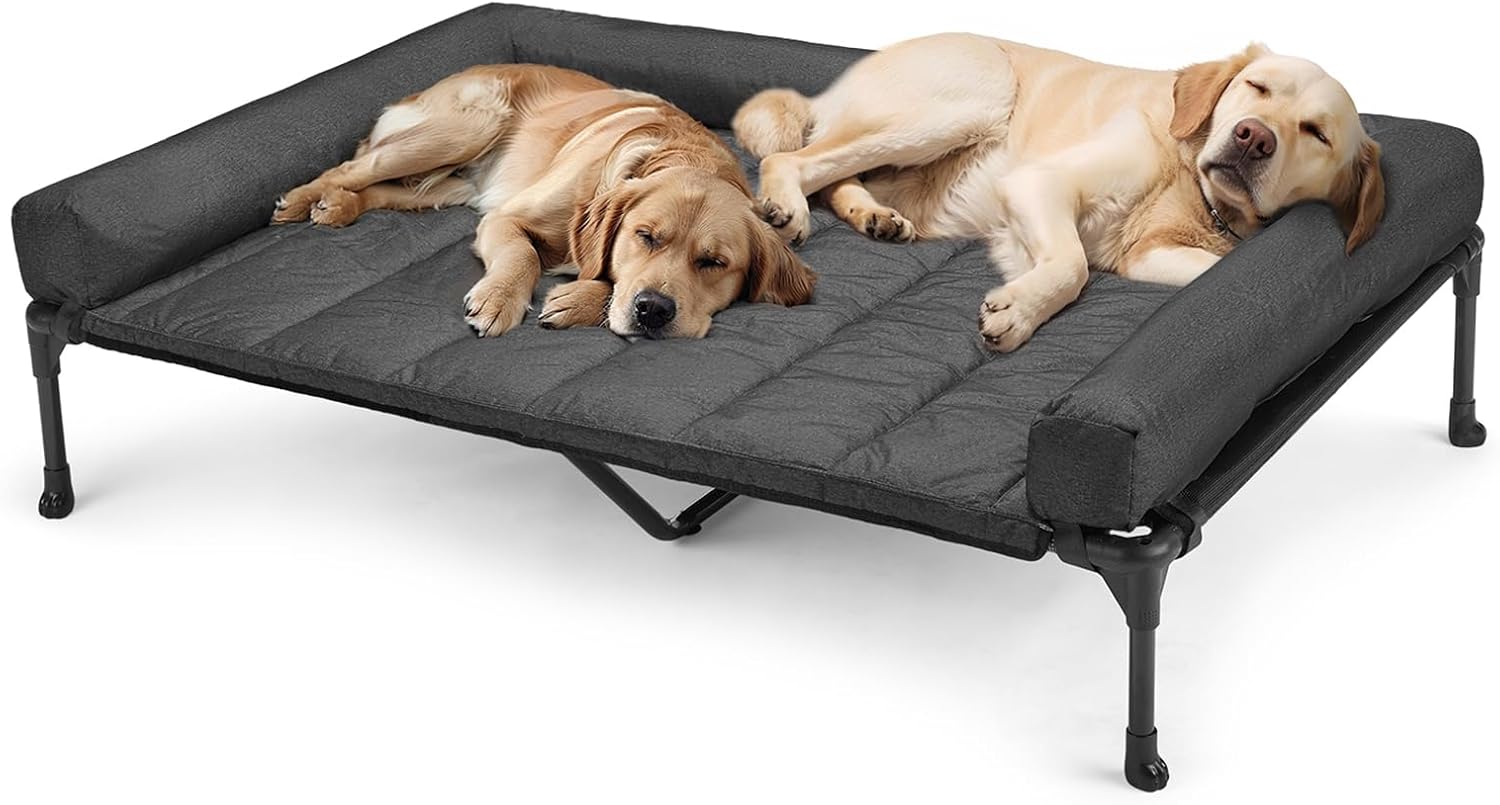 Veehoo Cooling Elevated Dog Bed Add Removable Waterproof Bolster Cushion Mat, Raised Pet Cot with Breathable Teslin Mesh, No-Slip Feet, Dog Couch Bed for Indoor Outdoor, 59x37.5inches, Beige, CWC2331B