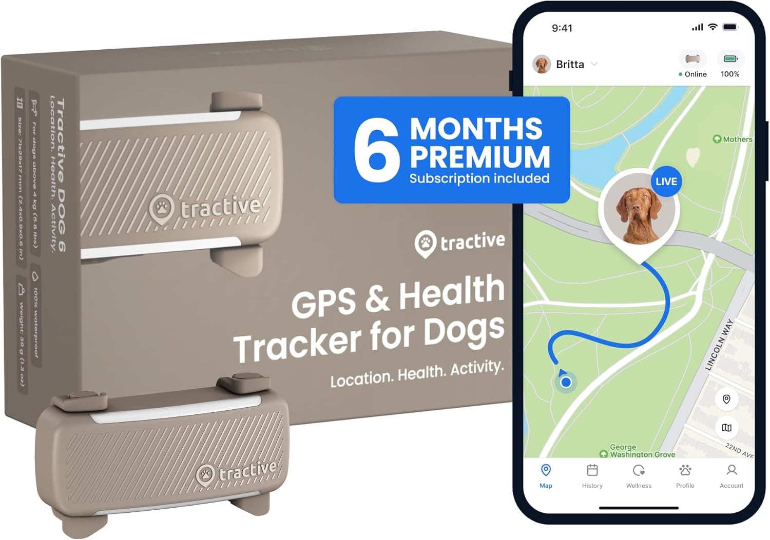 Tractive Smart Dog GPS Tracker | Live Pet Tracker with Virtual Fence | Vital Signs Monitoring of Heart & Respiratory Rate | Bark Monitoring | Dog Collar Attachment (Brown)