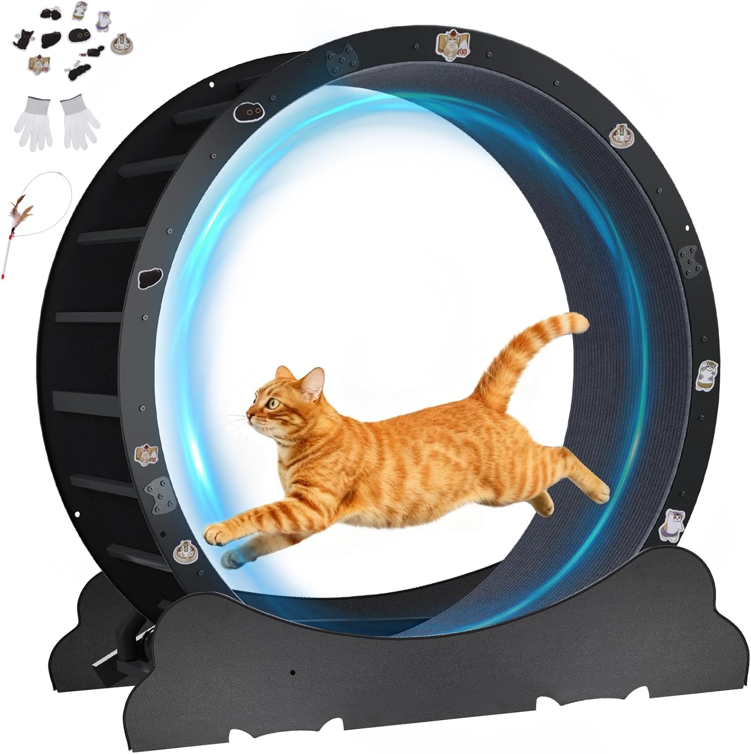 GTPLAYER Cat Wheels, Large Cat Exercise Wheel for Indoor Cats, 40" Diameter cat Treadmill Detachable Carpet & Teaser, Stickers, Ultra-Quiet Scroll Wheel with Latch, Metal, Black Ears-1 Style