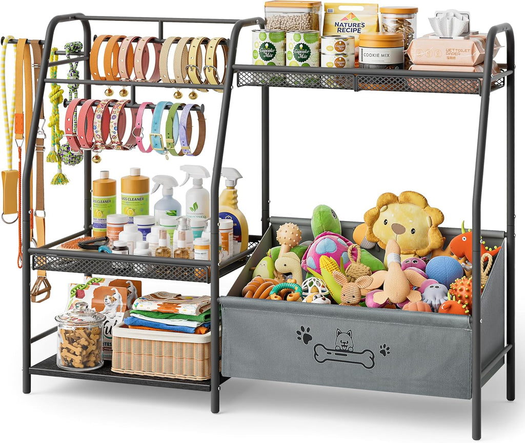 Large Dog Toy Basket with Dog Storage Organizer, Trapezoid Dogs Toy Bin Box with Collar Leash Holder Hook, Toy Holder Chest Pet Storage Cabinet for Living Room, Dogs Essentials for Pet Lovers Gift